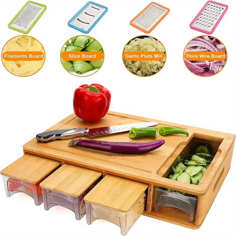 Multifunctional Bamboo Cutting Board Set with 4 Blades & Covered Trays