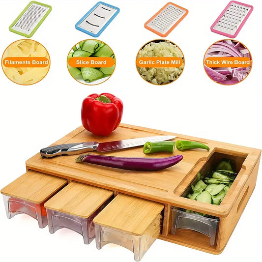 Multifunctional Bamboo Cutting Board Set with 4 Blades & Covered Trays