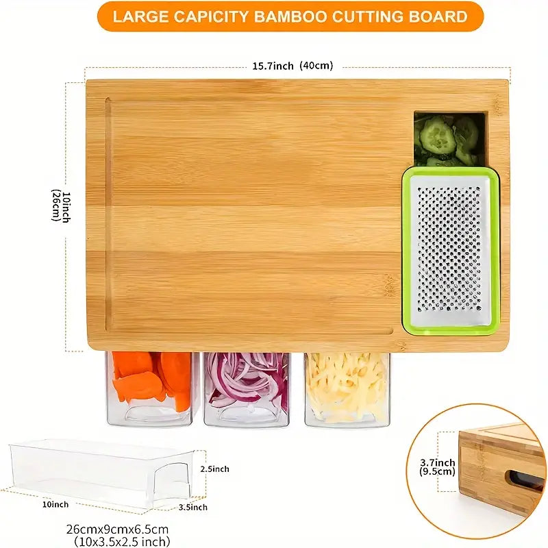 Multifunctional Bamboo Cutting Board Set with 4 Blades & Covered Trays