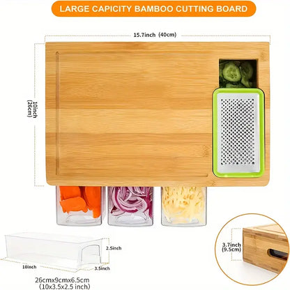 Multifunctional Bamboo Cutting Board Set with 4 Blades & Covered Trays